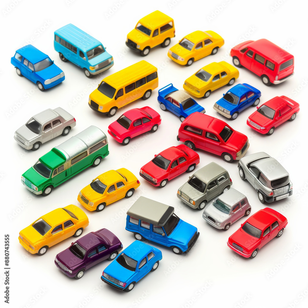 Naklejka premium A set of colorful toy cars and trucks, isolated on white background.
