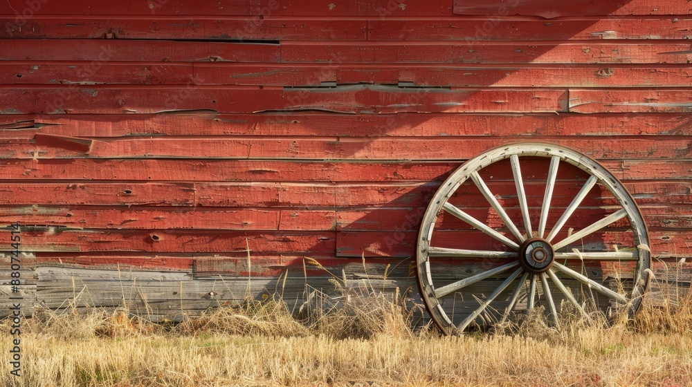 Obraz premium Old broken wooden wagon wheel by red barn in sunlight with space for text