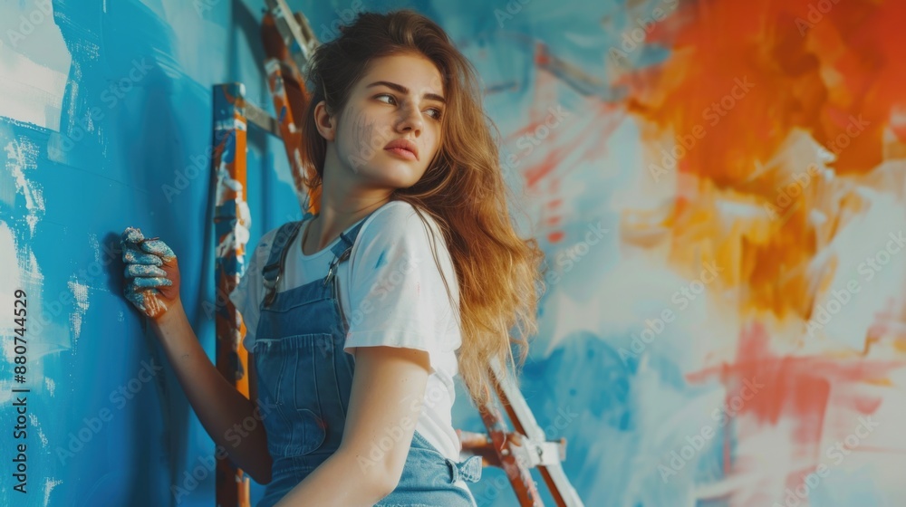 Woman Paint. Beautiful Caucasian Woman Decorating Apartment with Colourful Background Woman Paint. Beautiful Caucasian Woman Decorating Apartment with Colourful Background