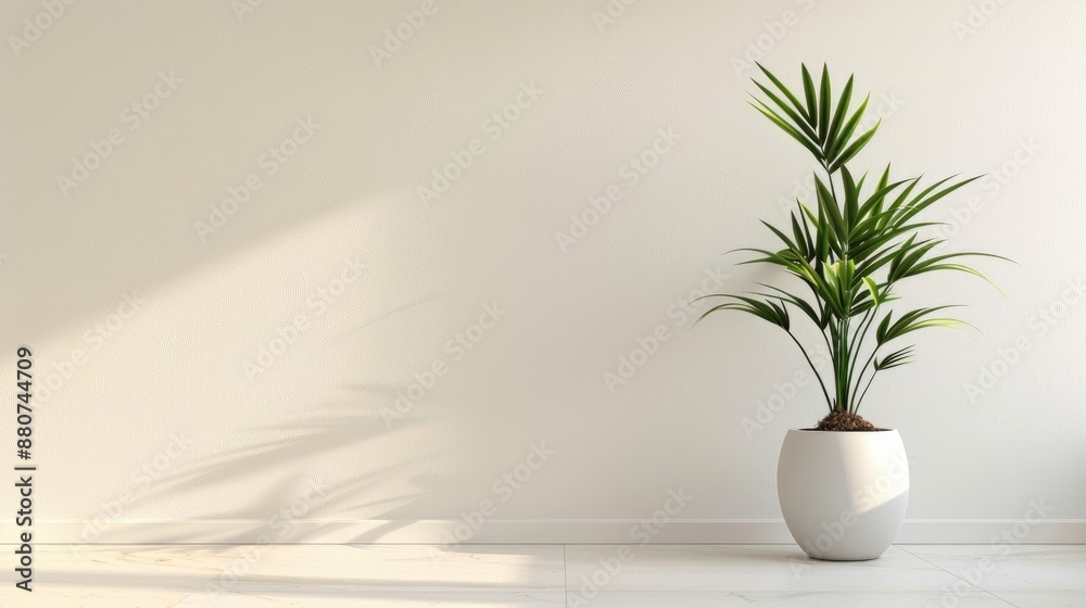 Presentation ready indoor potted plant on white wall with banner for copy