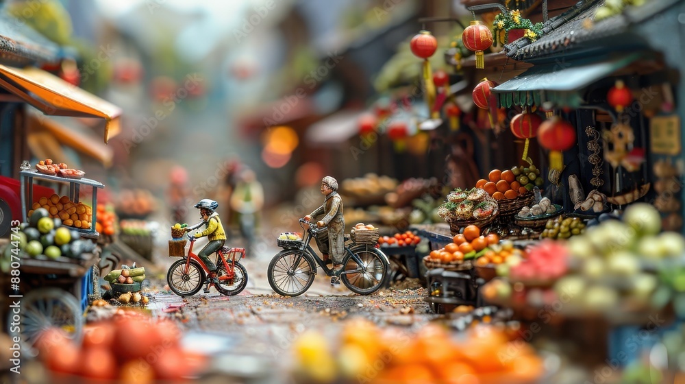 Cyclists in Vibrant Asian Market Scene Cyclists in Vibrant Asian Market Scene