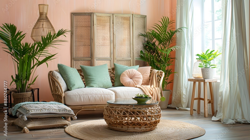 A living room with soft peach and pink walls, adorned with wicker furniture, pastel green pillows, plants, a wooden screen, a coffee table with natural elements. A living room with soft peach and pink walls, adorned with wicker furniture, pastel green pillows, plants, a wooden screen, a coffee table with natural elements.