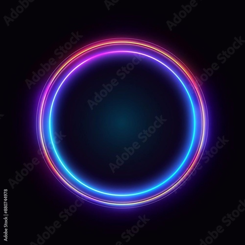 blue, red-purple, green illuminate frame design. Abstract cosmic vibrant color circle backdrop. Collection of glowing neon lighting on dark background with copy space. Top view futuristic style