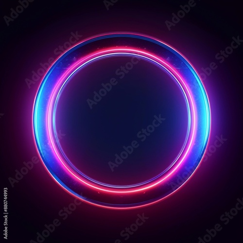 blue, red-purple, green illuminate frame design. Abstract cosmic vibrant color circle backdrop. Collection of glowing neon lighting on dark background with copy space. Top view futuristic style