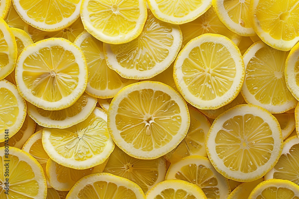 Bright yellow lemon slices arranged in an overhead view with visible seeds, creating a lively and refreshing visual effect. Translucent lemons cut into round and rectangular shapes Bright yellow lemon slices arranged in an overhead view with visible seeds, creating a lively and refreshing visual effect. Translucent lemons cut into round and rectangular shapes