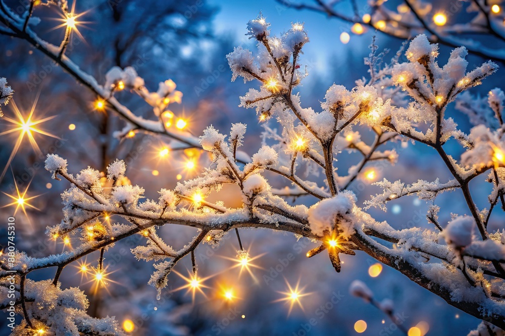 Sparkling fairy lights wrapped around frosty winter branches, casting a magical glow on snowflakes, creating a serene and festive holiday atmosphere against a dark blue sky. Sparkling fairy lights wrapped around frosty winter branches, casting a magical glow on snowflakes, creating a serene and festive holiday atmosphere against a dark blue sky.