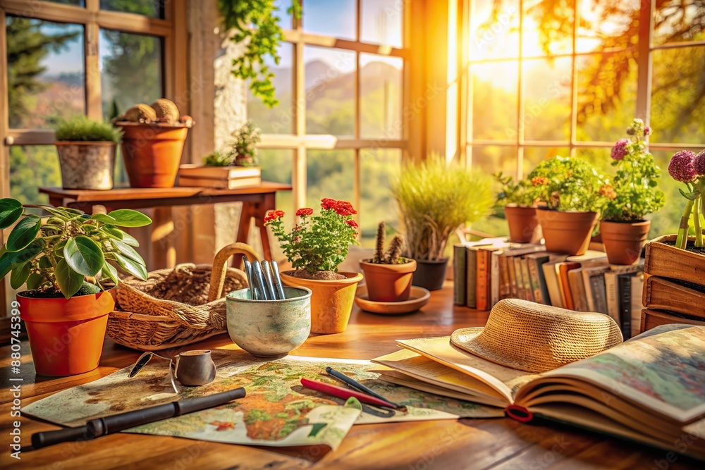 Obraz premium Cozy sunlit room with books, gardening tools, and travel maps, surrounded by warm colors, symbolizing a happy, active, and fulfilling retirement life filled with new experiences.