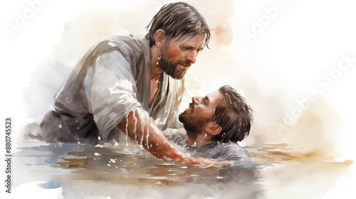 Christian man, guided by his father, embraced his faith through baptism ceremony in river, symbolizing his devotion to Christ and commitment to his religion. christian, baptism, man, faith, father.