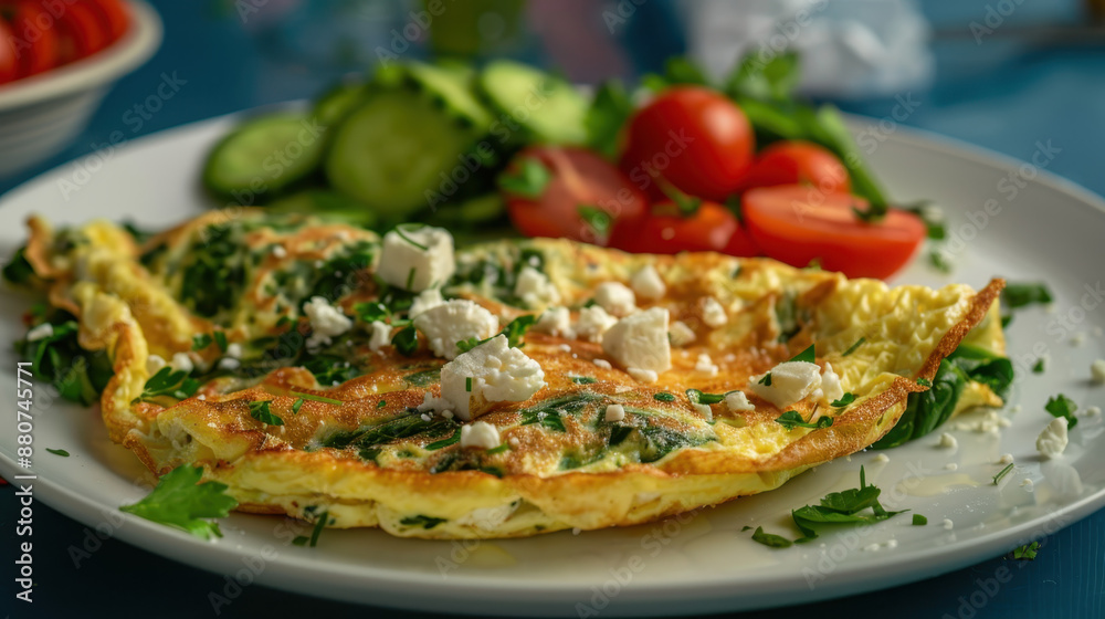 Fresh omelette with spinach and feta cheese, served with cucumber and cherry tomato salad on white plate Fresh omelette with spinach and feta cheese, served with cucumber and cherry tomato salad on white plate