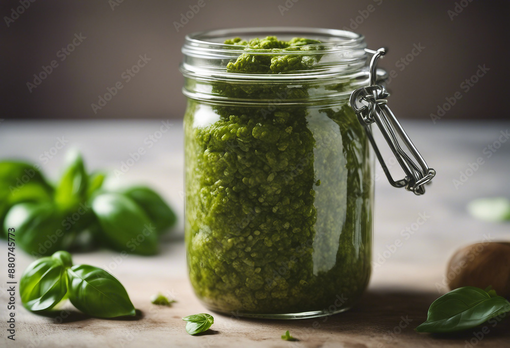 fresh pesto in a jar, accompanied by a bunch of fragrant basil, ad shot, copy space for text fresh pesto in a jar, accompanied by a bunch of fragrant basil, ad shot, copy space for text