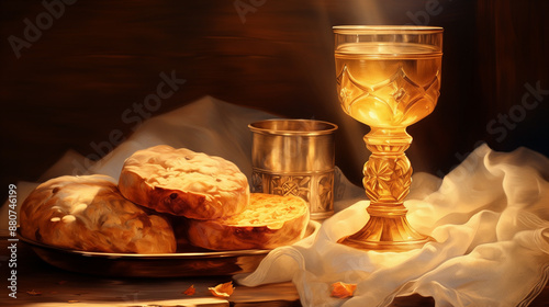 Christian religion, communion is holy sacrament where bread symbolizes body of Jesus Christ and wine represents his blood, commemorating his sacrifice for humanity. religion, communion, bread, holy.