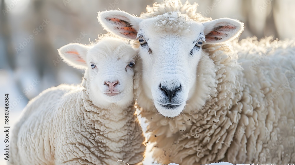 Obraz premium A mother sheep and her lamb, both with pure white wool, cuddle together in the barnyard on Easter morning.