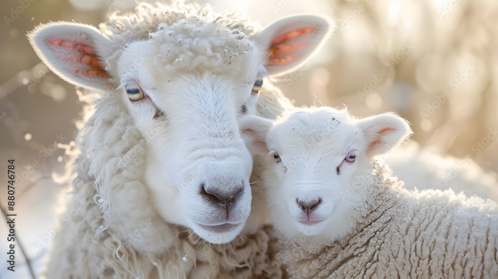 A mother sheep and her lamb, both with pure white wool, cuddle together in the barnyard on Easter morning. A mother sheep and her lamb, both with pure white wool, cuddle together in the barnyard on Easter morning.