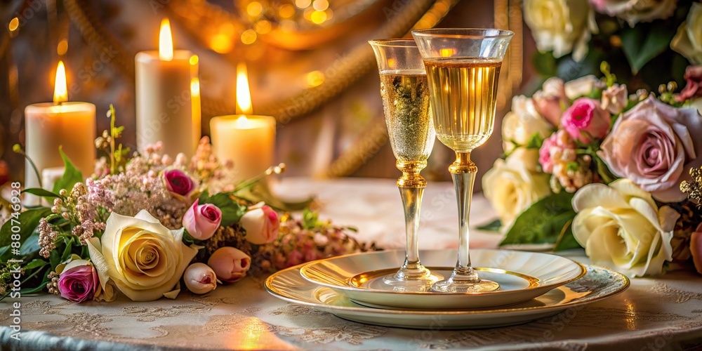 Fototapeta premium Golden champagne flute and delicate china plate sit atop a lavish silk tablecloth, surrounded by soft candlelight and a blooming floral centerpiece.