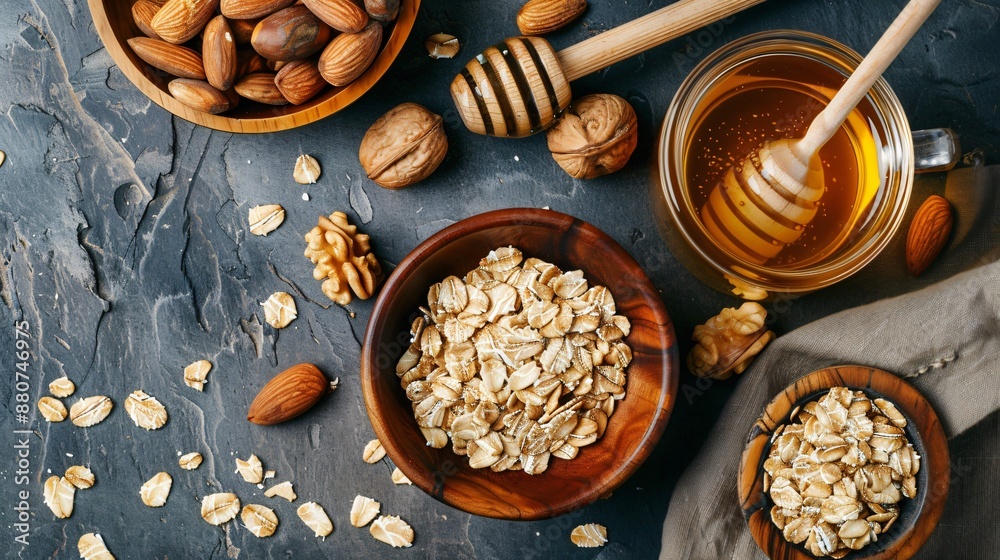 A flat lay of oats, nuts, and honey on dark background A flat lay of oats, nuts, and honey on dark background