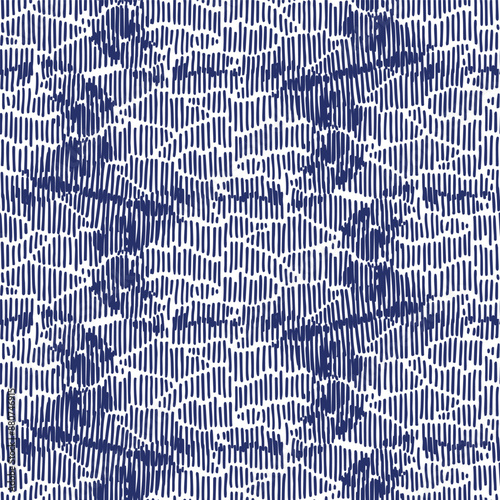 Indigo blue stitch effect abstract vector seamless pattern background. Modern masculine graphic design for block print hand craft trend. 