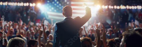 Politician election in USA, policy statement, President with many cheering people