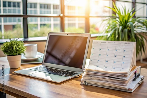 A neatly organized desk with a laptop, stacks of papers, and a calendar, symbolizing effective financial planning for managing recurrent disease expenses. photo