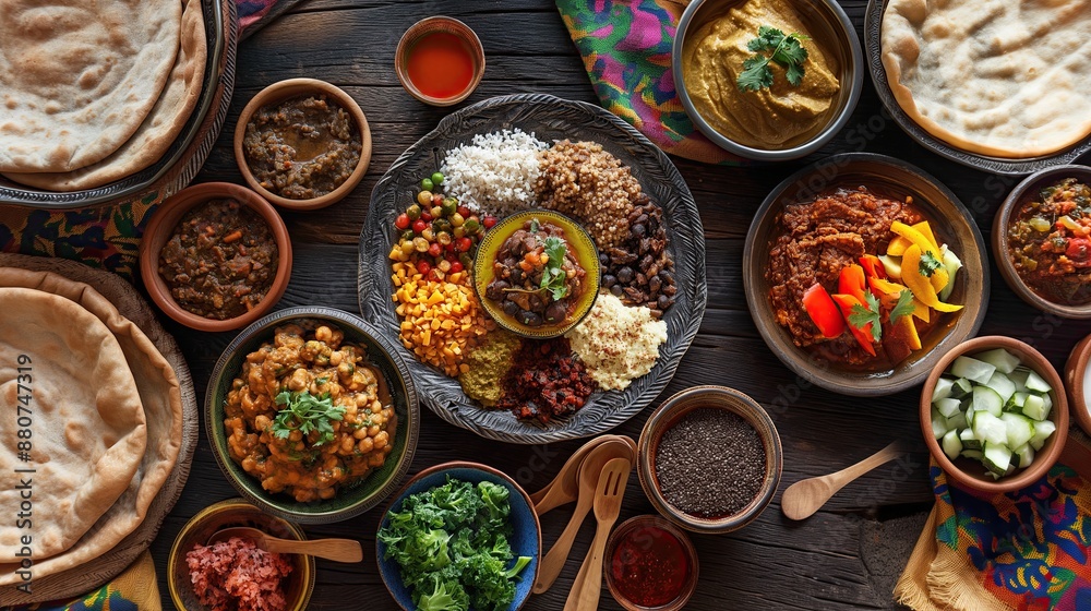 A traditional Ethiopian table topped with large injera topped with a variety of toppings (beots, meat, vegetables). A traditional Ethiopian table topped with large injera topped with a variety of toppings (beots, meat, vegetables).