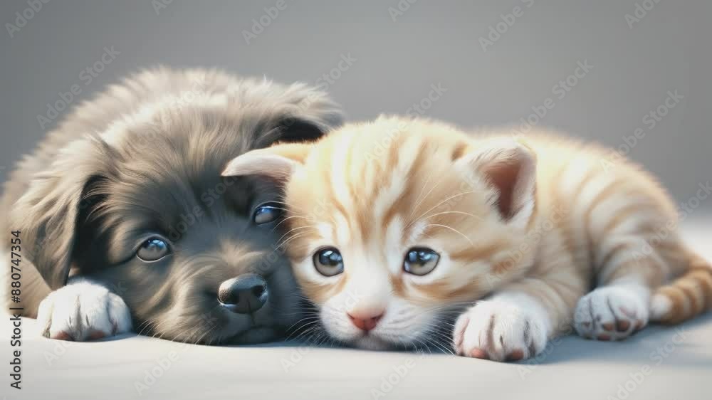 Adorable puppy and kitten lying together, gazing with expressive eyes in a heartwarming scene Adorable puppy and kitten lying together, gazing with expressive eyes in a heartwarming scene