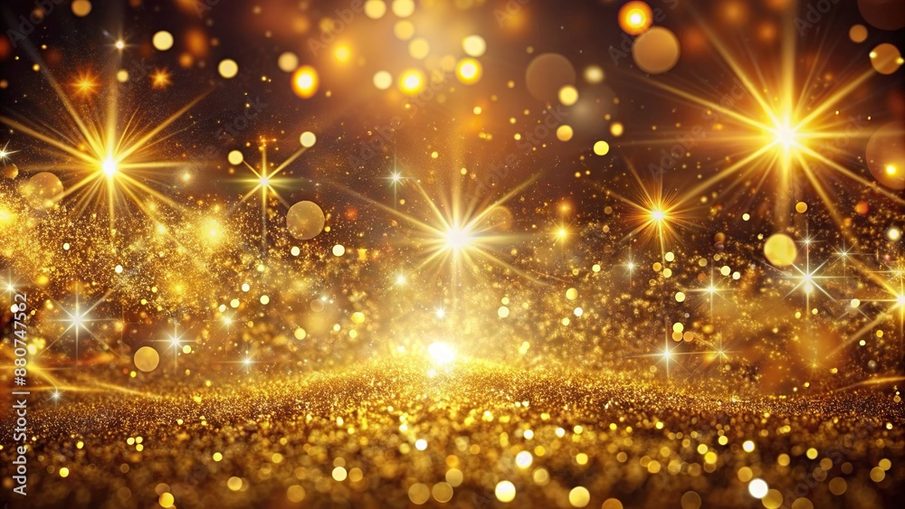 Naklejka premium Vibrant golden particles and sprinkles swirl amidst shimmering lights, creating a festive and luxurious holiday wallpaper background perfect for ads, gifts, and web design.