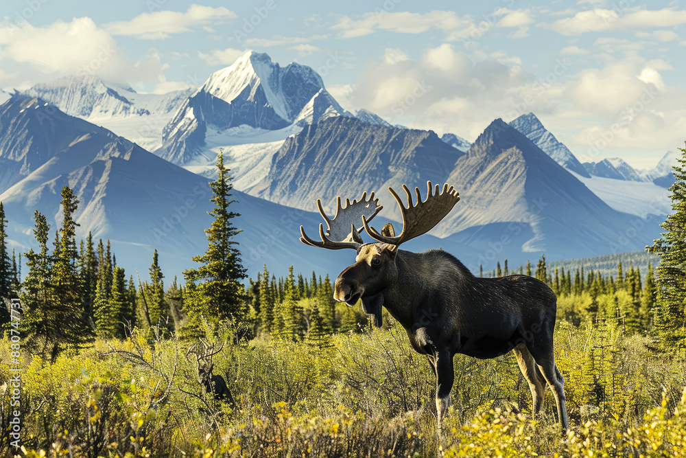 A majestic moose stands prominently in front of a breathtaking mountain landscape with snow-capped peaks, capturing the essence of wilderness and natural beauty. A majestic moose stands prominently in front of a breathtaking mountain landscape with snow-capped peaks, capturing the essence of wilderness and natural beauty.