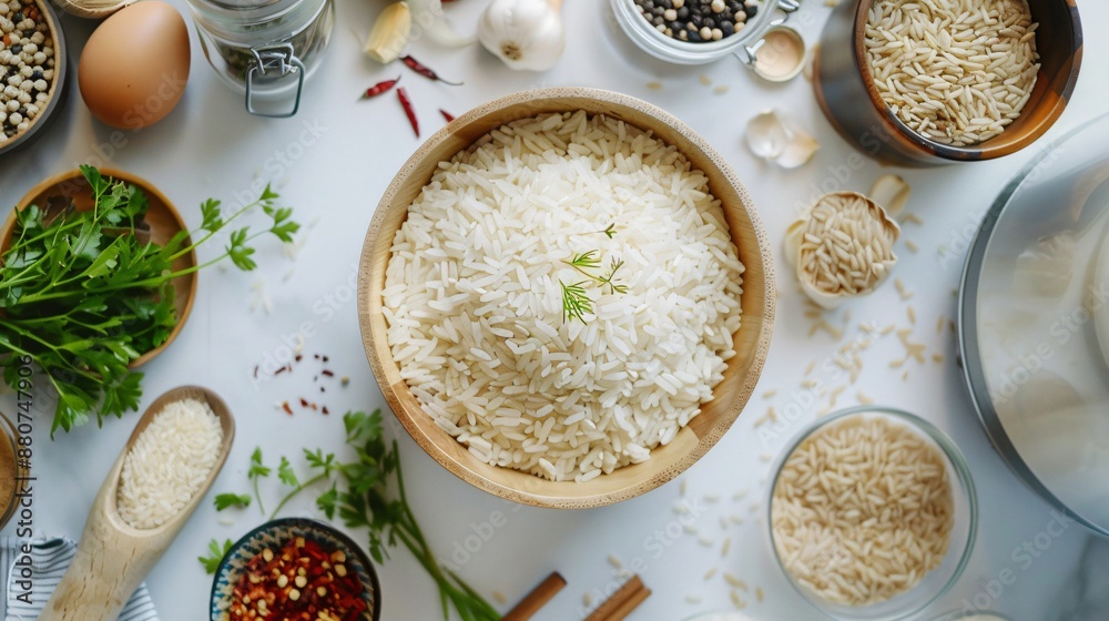 A flat lay of rice grains, a rice cooker, and seasoning on a kitchen counter A flat lay of rice grains, a rice cooker, and seasoning on a kitchen counter