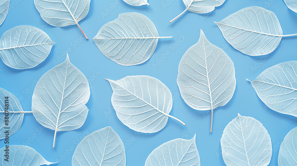 Delicate clear leaves with a natural pattern of veins on a blue background. Close-up view.