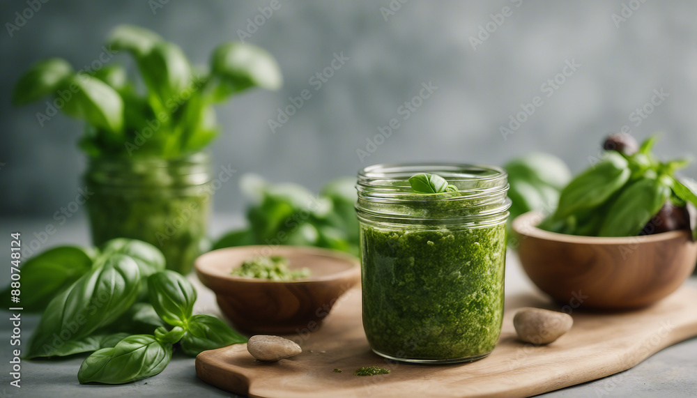fresh pesto in a jar, accompanied by a bunch of fragrant basil, ad shot, copy space for text