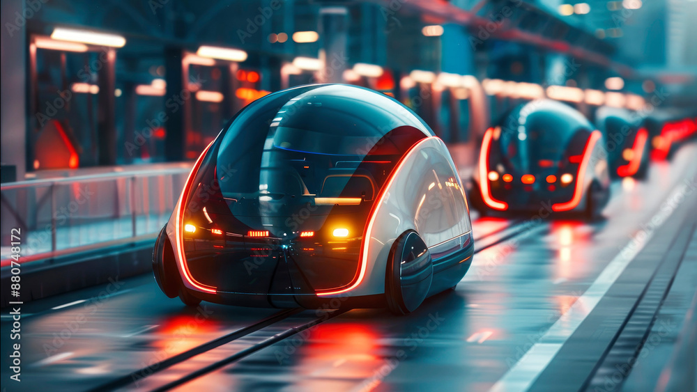 Futuristic autonomous pods ready for boarding in a modern transit hub, representing advanced urban mobility and innovative transportation solutions. Futuristic autonomous pods ready for boarding in a modern transit hub, representing advanced urban mobility and innovative transportation solutions.