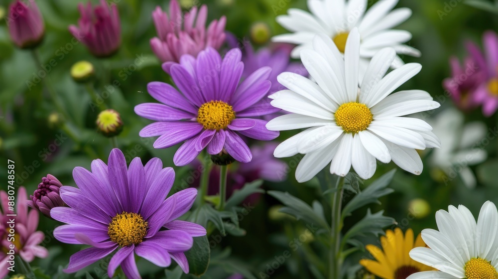 White and purple flowers of the Daisy Chrysanthemum plant from the Asteraceae family Italy Europe White and purple flowers of the Daisy Chrysanthemum plant from the Asteraceae family Italy Europe