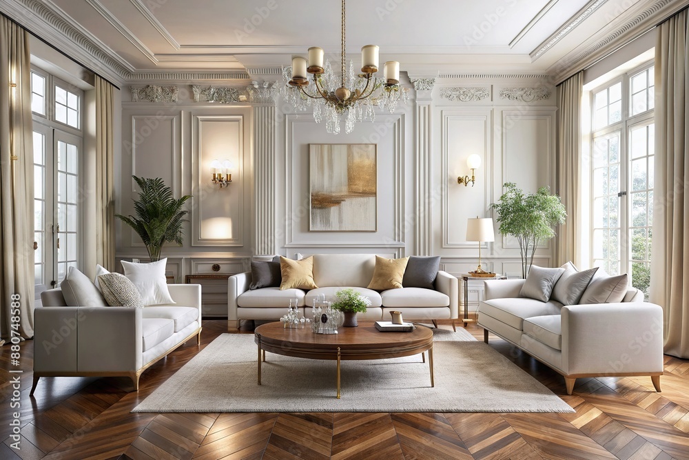 Sophisticated living room features a crisp white canvas backdrop, sleek minimalist furniture, and elegant accents, exuding refined Parisian chic and understated luxury in a serene atmosphere. Sophisticated living room features a crisp white canvas backdrop, sleek minimalist furniture, and elegant accents, exuding refined Parisian chic and understated luxury in a serene atmosphere.