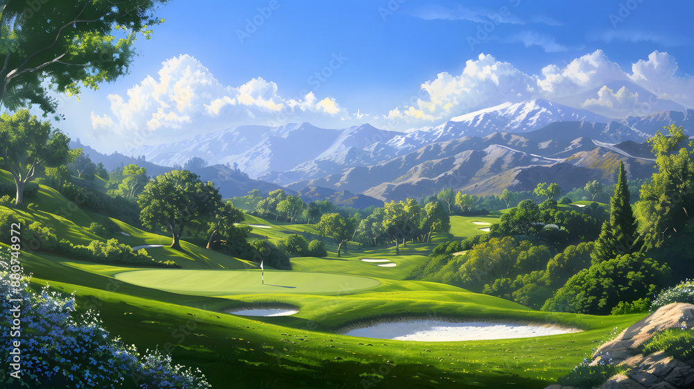 A beautiful landscape with a golf course in the foreground A beautiful landscape with a golf course in the foreground