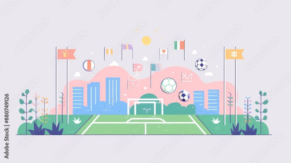 Global sports field, flags and silver awards, flat design illustration Global sports field, flags and silver awards, flat design illustration