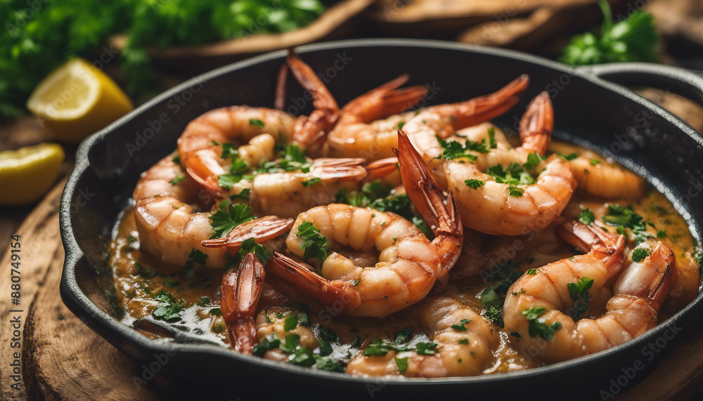 gambas al ajillo with fresh parsley, in a sizzling cast iron skillet
gambas al ajillo with fresh parsley, in a sizzling cast iron skillet