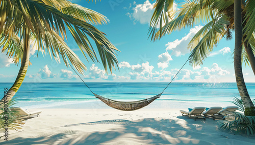 Beautiful summer scene with blue sky, clouds and tropical plants.