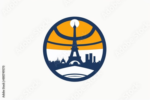 Circular logo featuring the Eiffel Tower with a basketball theme and Paris skyline in navy blue, orange, and white.