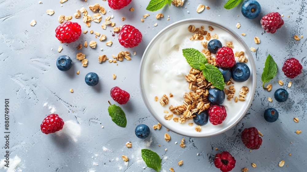 A flat lay of yogurt, granola, and fresh berries A flat lay of yogurt, granola, and fresh berries