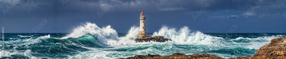 lighthouse on a rocky outcropping in the ocean, with crashing waves. lighthouse on a rocky outcropping in the ocean, with crashing waves.