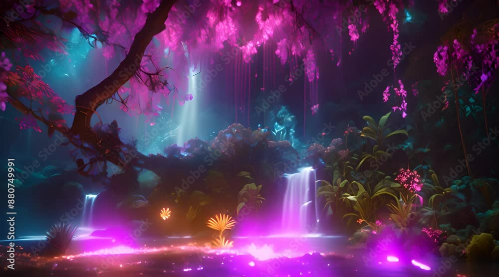 Get lost in a UV-lit jungle paradise with towering bioluminescent trees, glowing flowers, and exotic visuals Get lost in a UV-lit jungle paradise with towering bioluminescent trees, glowing flowers, and exotic visuals