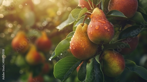 Pears in pear garden early in the morning eco healthy fruit photo