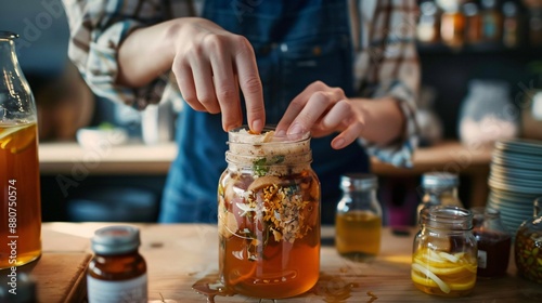 Close up shot of a person's hands adding ingredients to a kombucha jar, with a SCOBY and bottles in the background