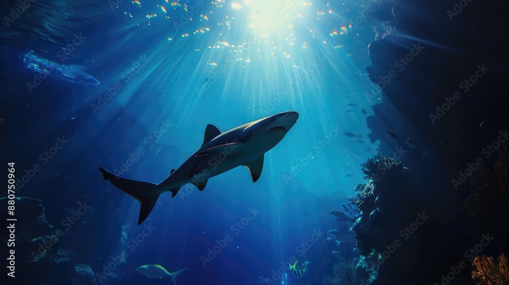 Obraz premium Shark silhouette swimming up aquarium tank