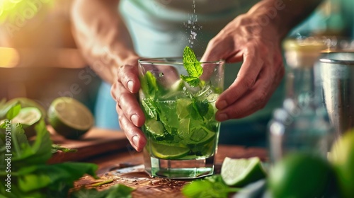 Close up shot of a person's hands muddling mint leaves in a glass, with lime wedges and rum in the background photo