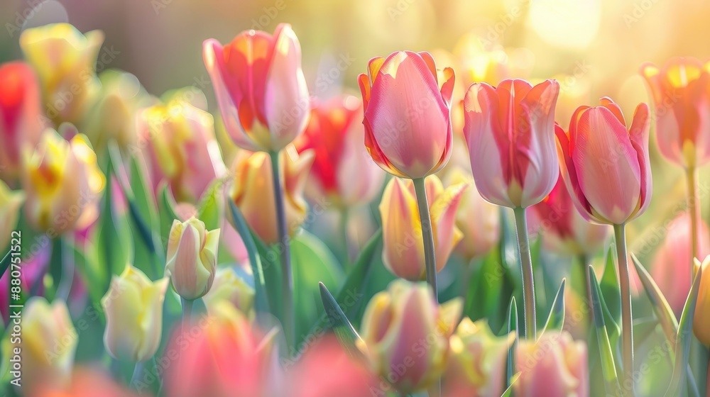 Pastel red and yellow tulips close up with soft sunlight for your flower design Pastel red and yellow tulips close up with soft sunlight for your flower design