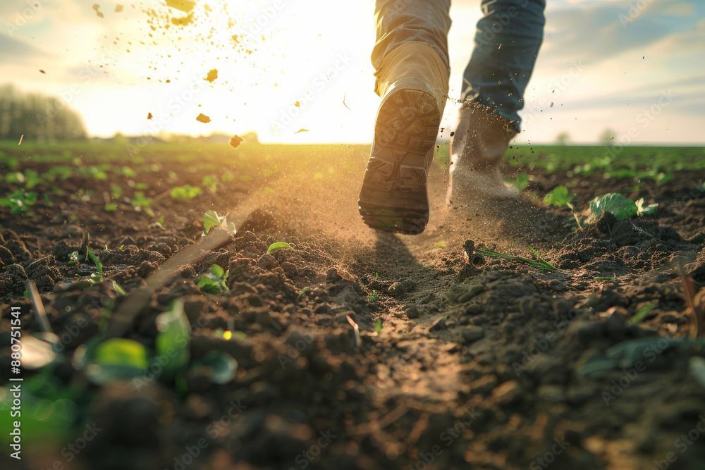A farmer walking in a field a low angle shot A farmer walking in a field a low angle shot