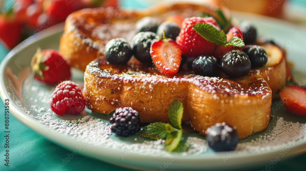 French toast with powdered sugar topped with fresh berries, raspberries, blueberries, strawberries, garnished with mint leaves French toast with powdered sugar topped with fresh berries, raspberries, blueberries, strawberries, garnished with mint leaves
