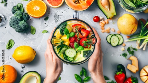 Close up shot of a person's hands blending fruits and vegetables, with fresh ingredients laid out on the counter photo