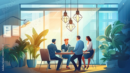 Business Meeting in Modern Office with Large Windows.