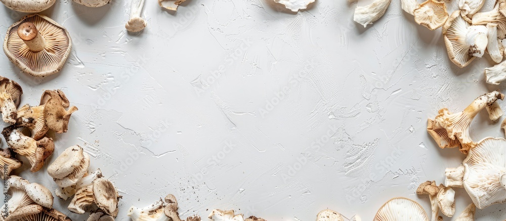 Obraz premium Empty table covered with a variety of dried mushrooms like porcini aspen and boletus on a white surface with clear space for text or images. copy space available